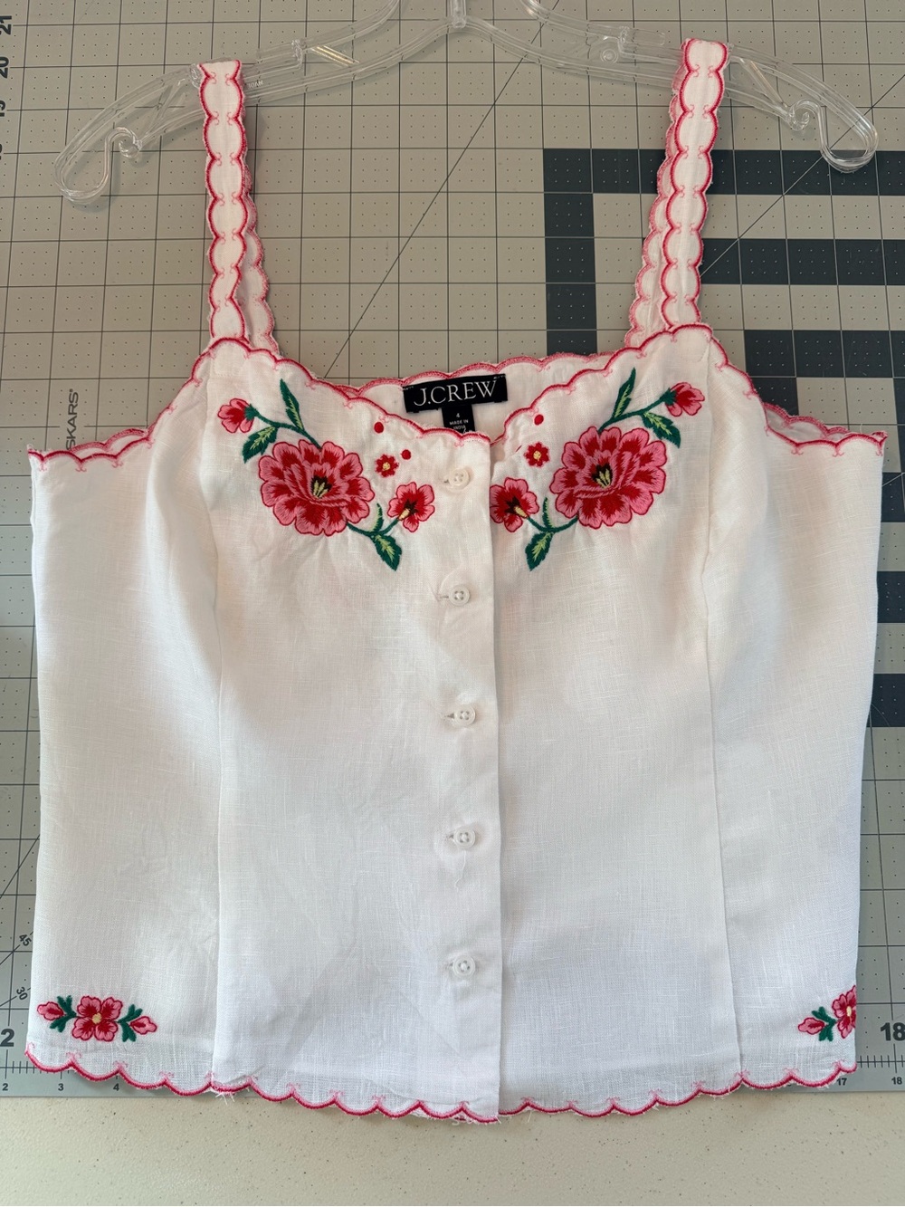 J. Crew Linen Floral Embroidered Button-Front Tank with Pink Trim